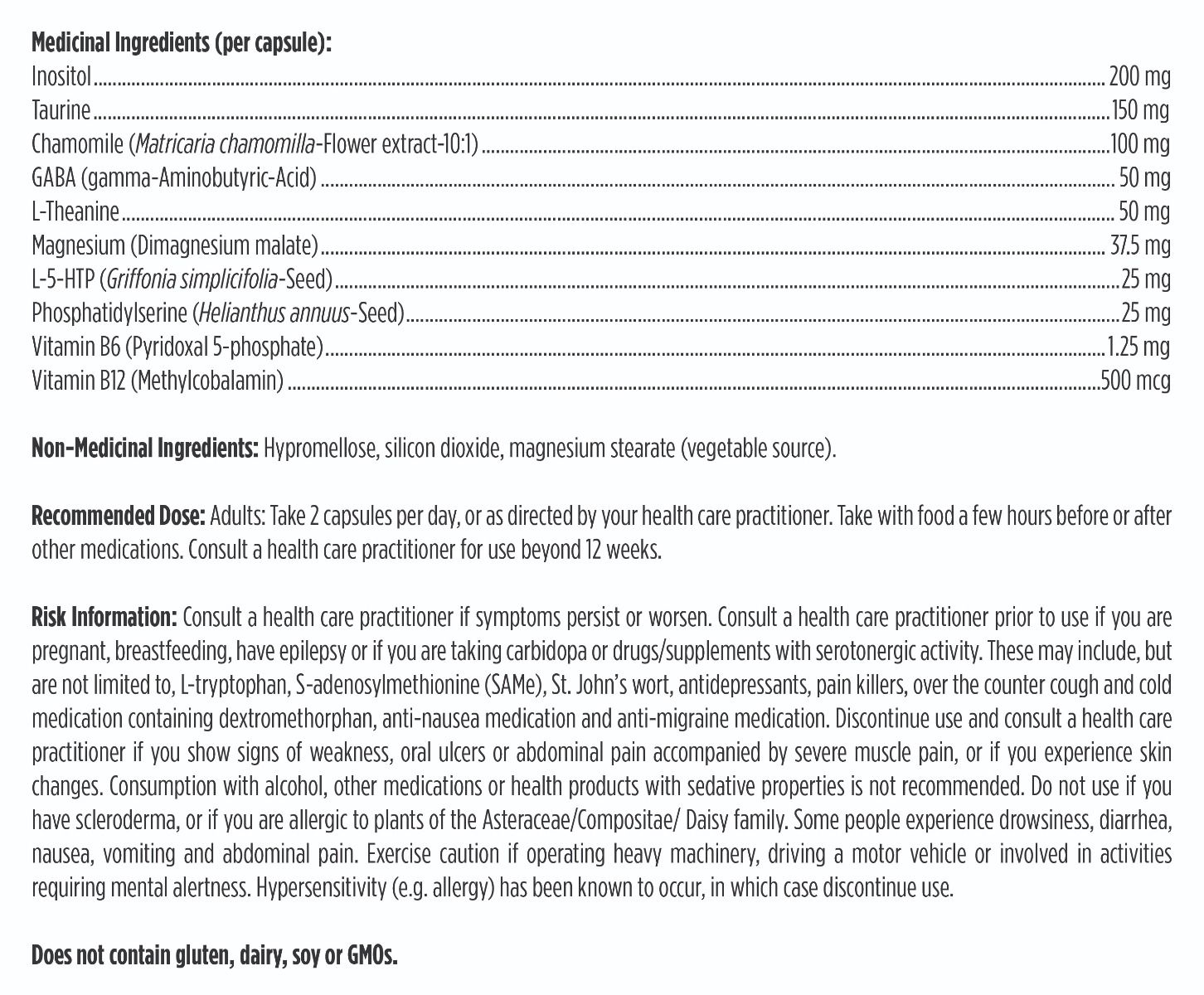 List of medical ingredients, non-medical ingredients, recommended dose and risk information for Designs for Health NeuroCalm
