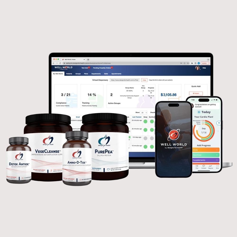 DFH Supplements shown in front of devices showcasing their Well World app