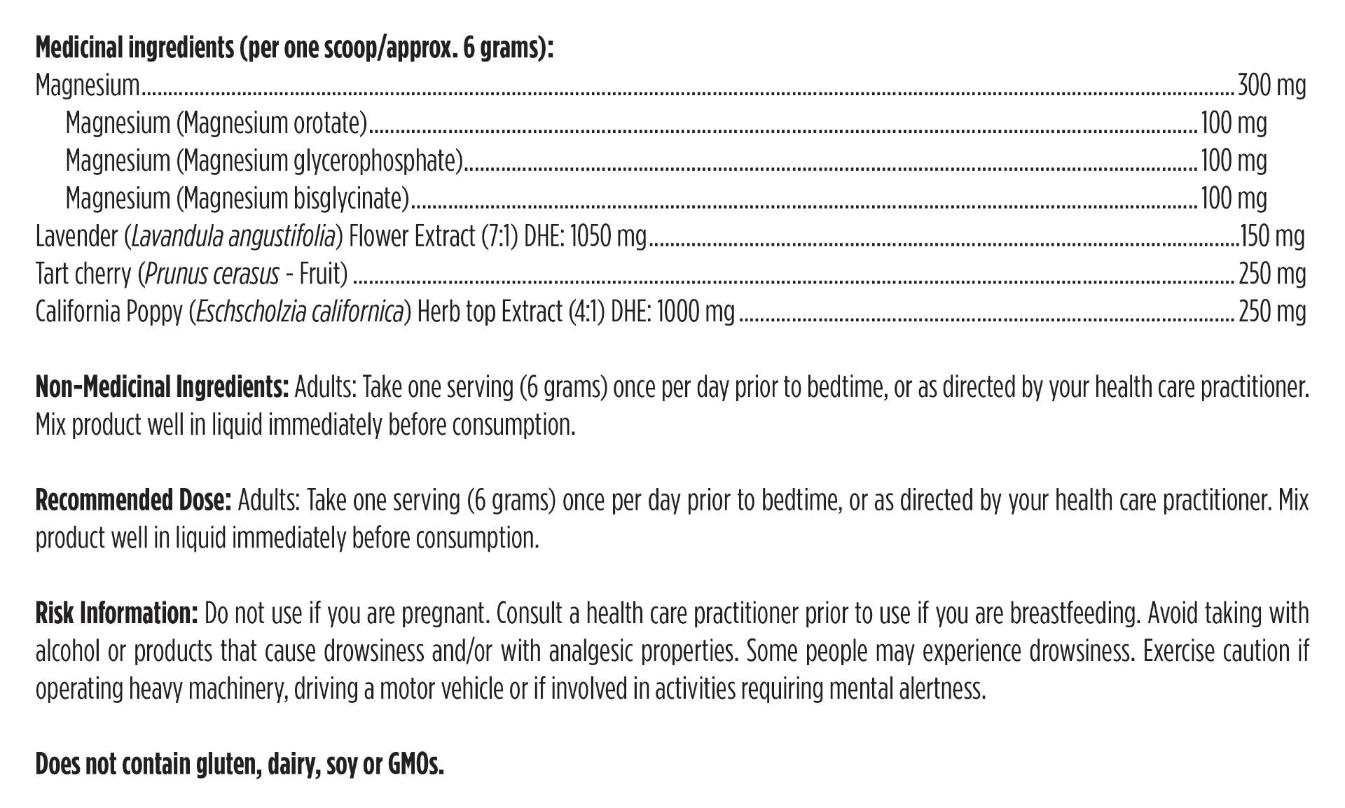 List of medical ingredients, non-medical ingredients, recommended dose and risk information for Designs for Health TriMag Night 180g Powder (Lavender and Lemon Flavour)