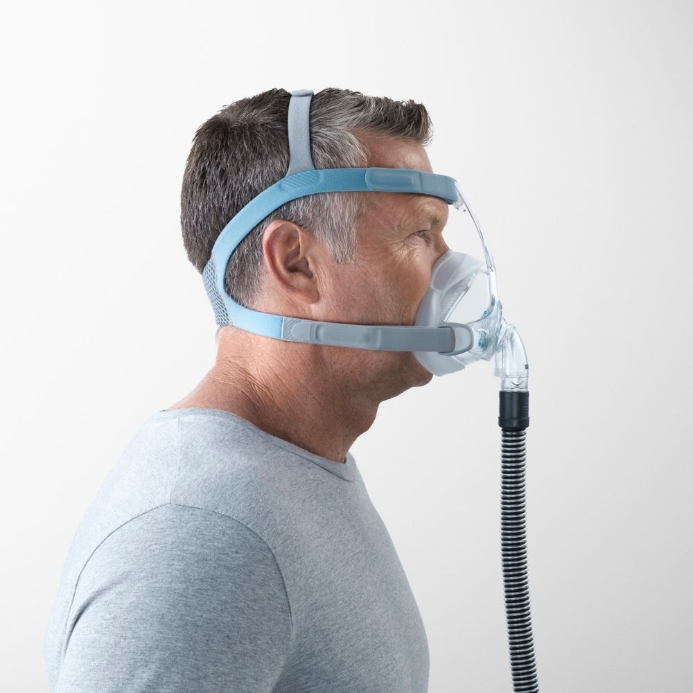 Side profile of a person wearing the F&P Vitera Full Face CPAP Mask