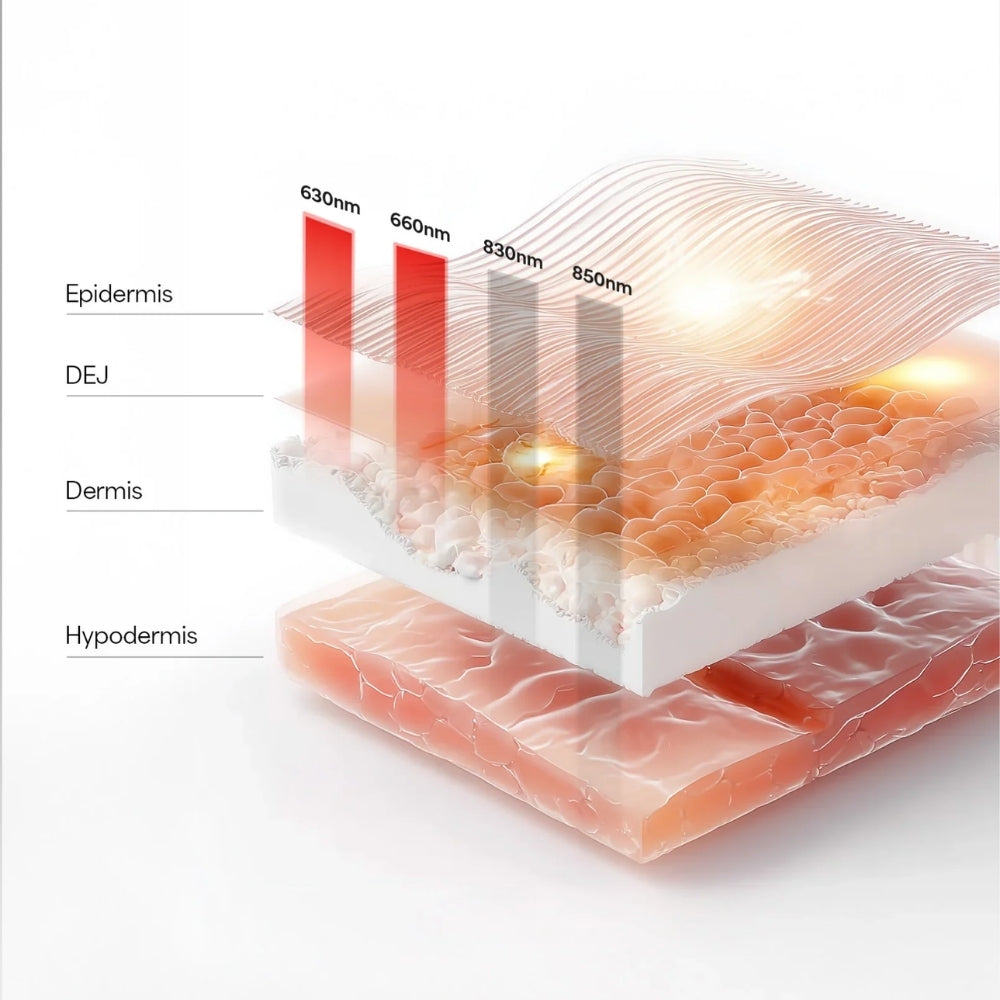 Diagram of skin layers with wavelengths labeled