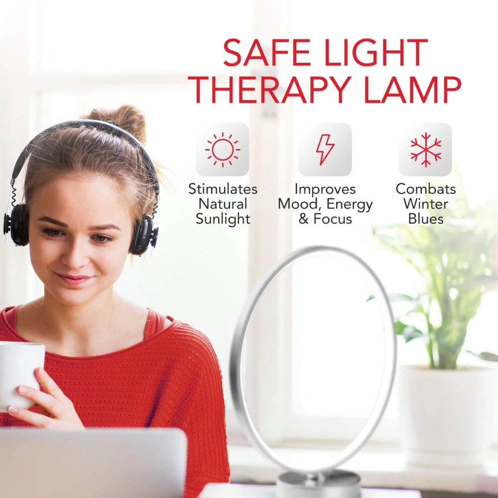 Woman using the Kala SAD Light therapy lamp with text highlighting its benefits