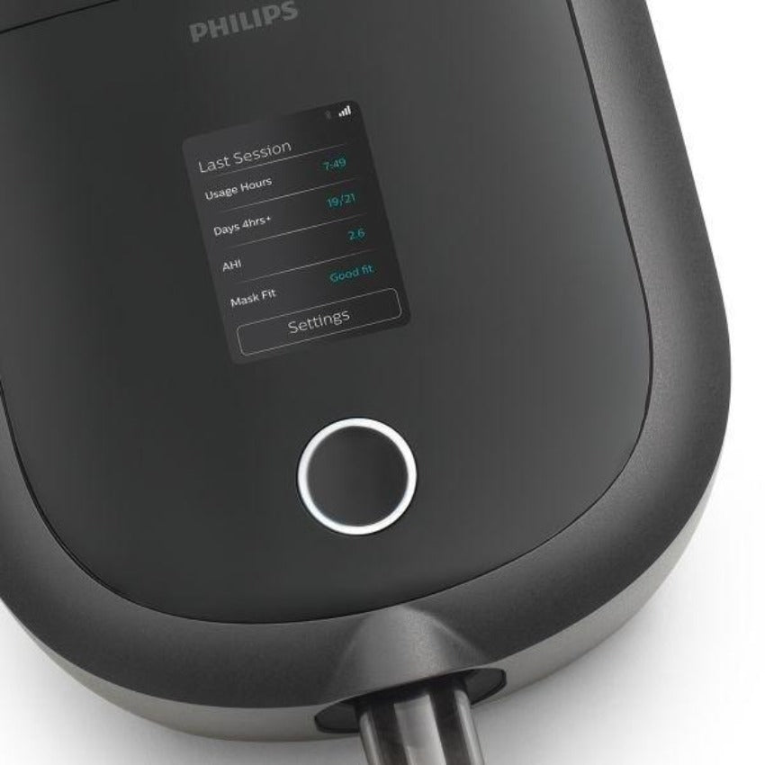 Closeup of Philips DreamStation 2 CPAP Machine powered on