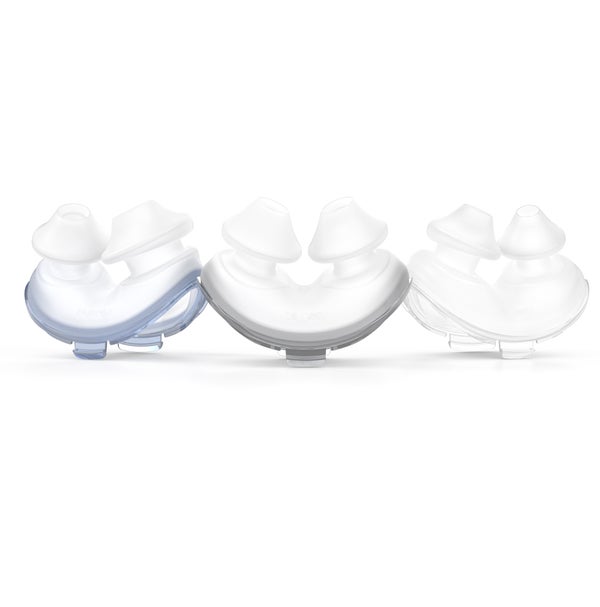 Side view of ResMed AirFit P10 nasal pillow cushions in large, medium and small