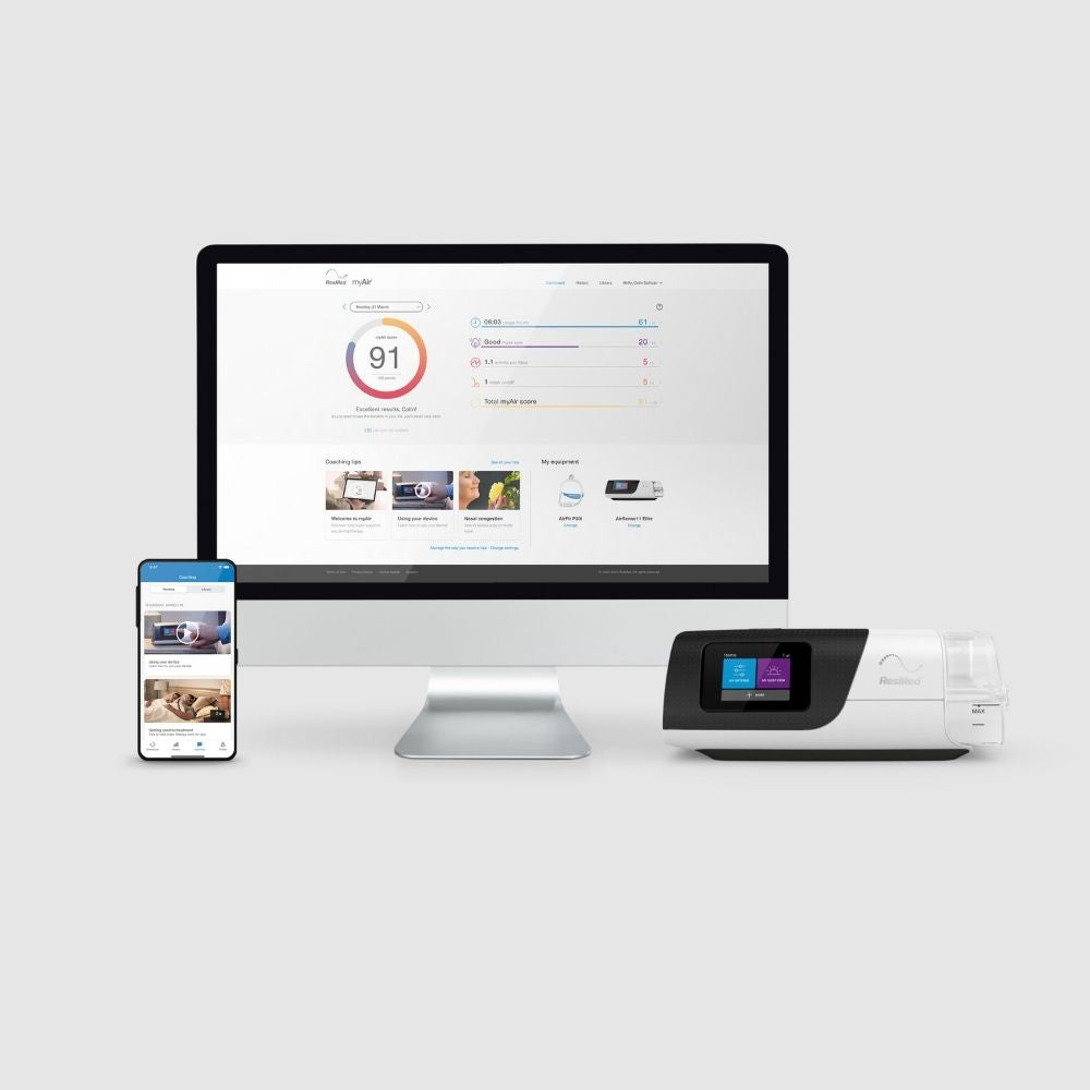 Computer monitor and phone displaying ResMed myAir app data and the ResMed AirSense 11 CPAP machine