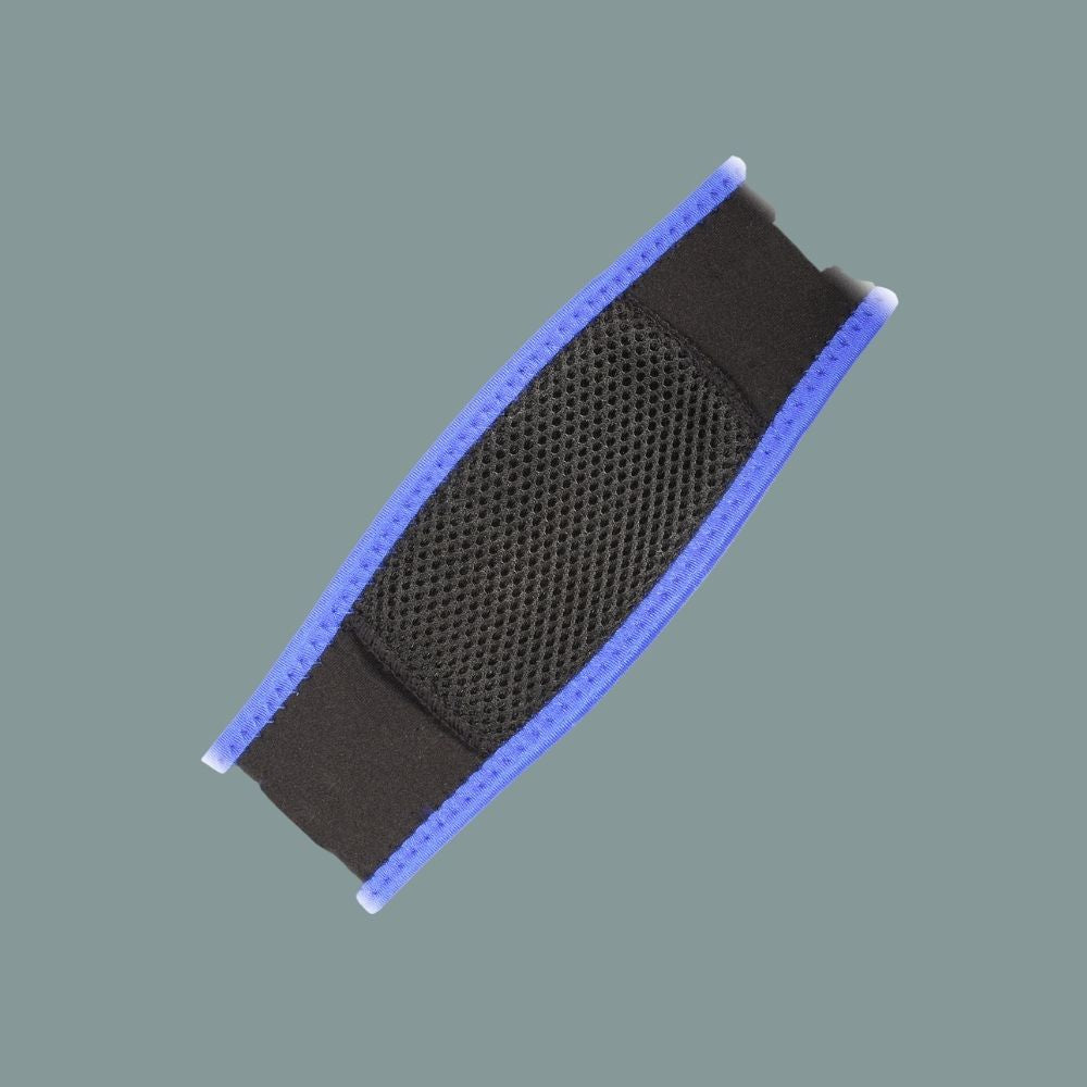 Black mesh chinstrap with a blue fabric border on a grey background