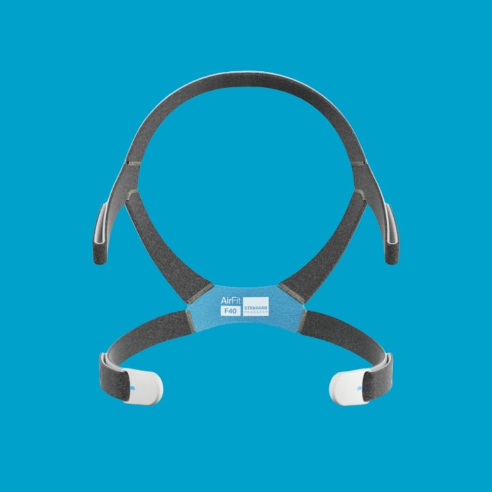 ResMed AirFit F40 CPAP headgear on a blue background