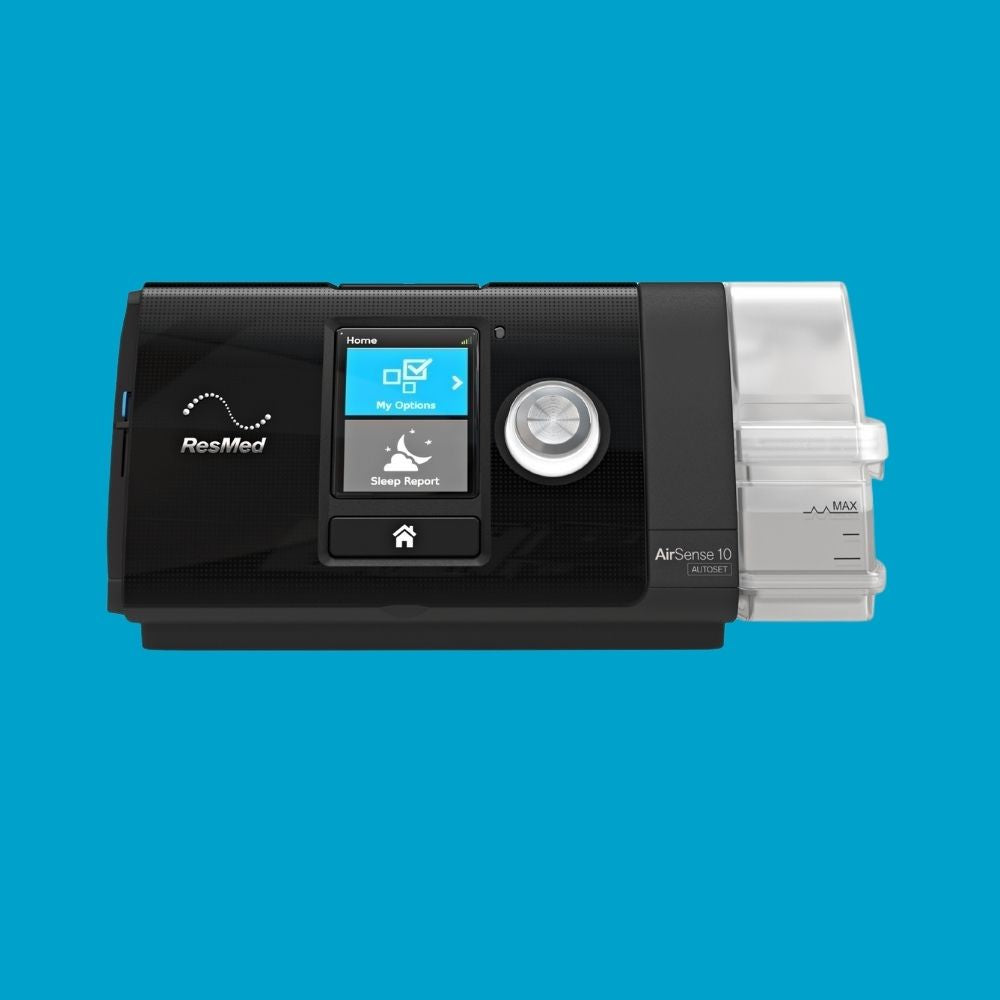 ResMed AirSense 10 CPAP machine on a blue background