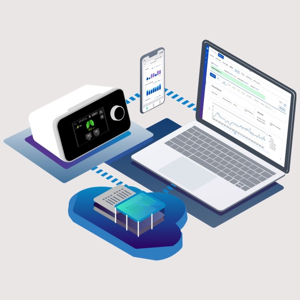 Laptop, smartphone and Resvent iBreeze CPAP device on a gray background