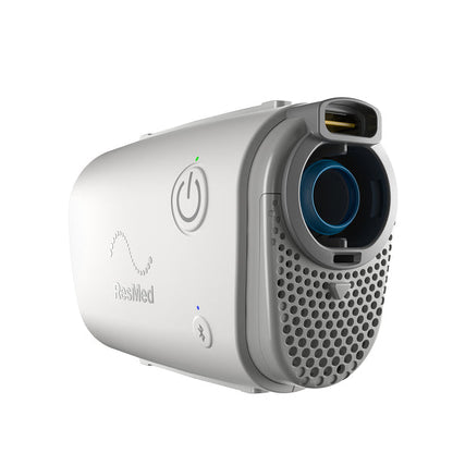 Left side view of the ResMed AirMini travel CPAP device