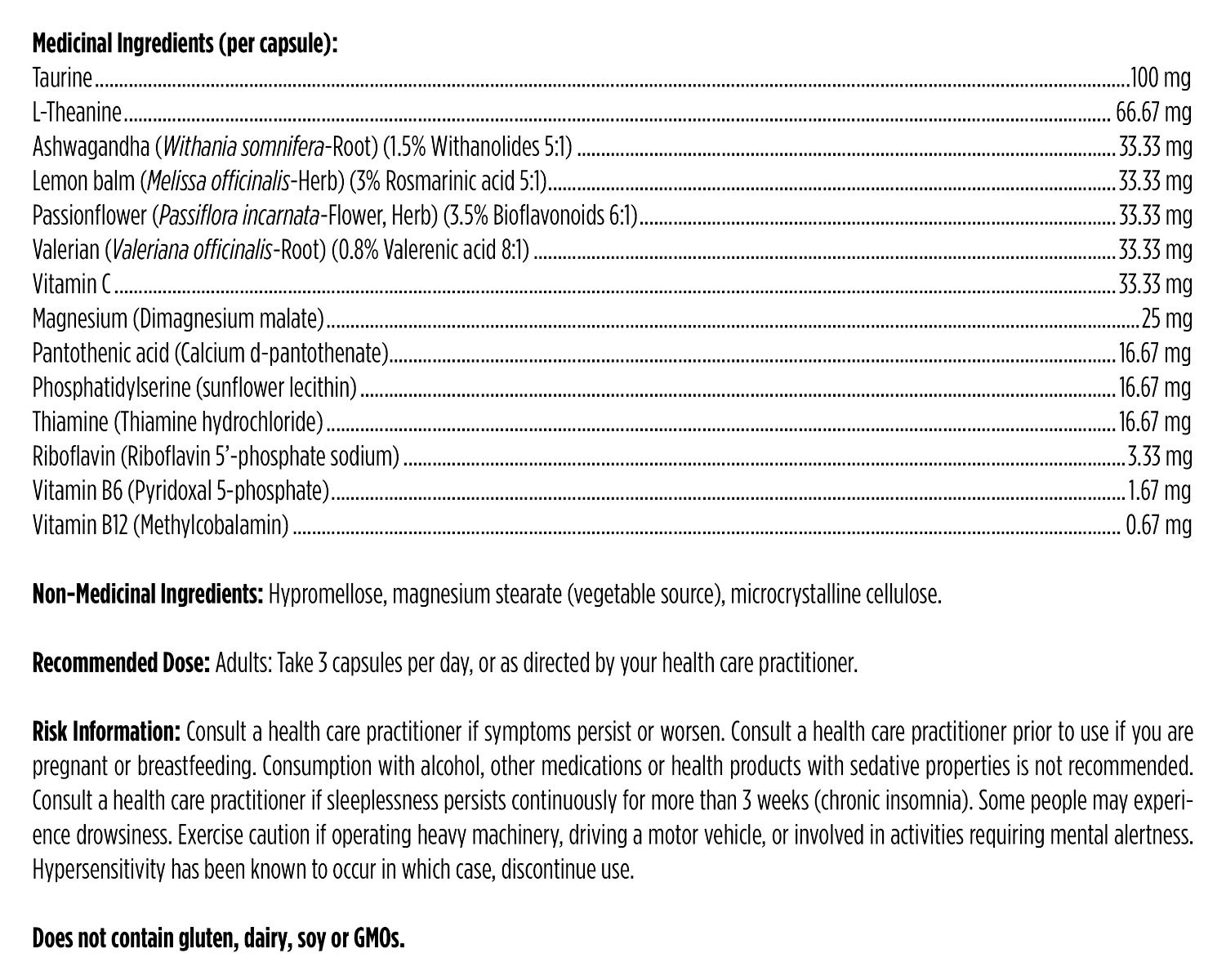 List of medicinal ingredients, non-medical ingredients, recommended dose and risk information for Designs for Health CatecholaCalm 