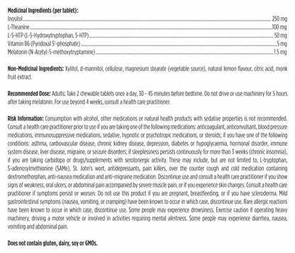 List of medical and non-medical ingredients, recommended dose and risk information for Design for Health Insomnitol Chewables