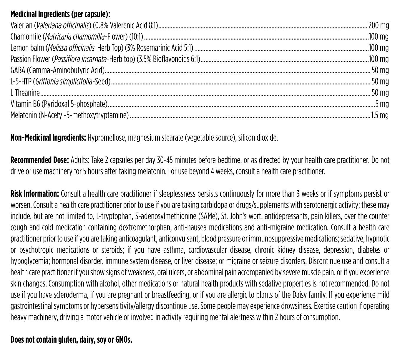 List of medical and non-medical ingredients, recommended dose and risk information for Designs for Health Insomnitol