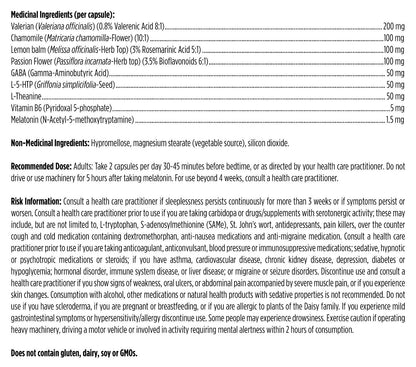 List of medical and non-medical ingredients, recommended dose and risk information for Designs for Health Insomnitol