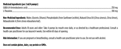 List of medical ingredients, non-medical ingredients, recommended dose and risk information for Designs for Health Liposomal GABA with L-Theanine