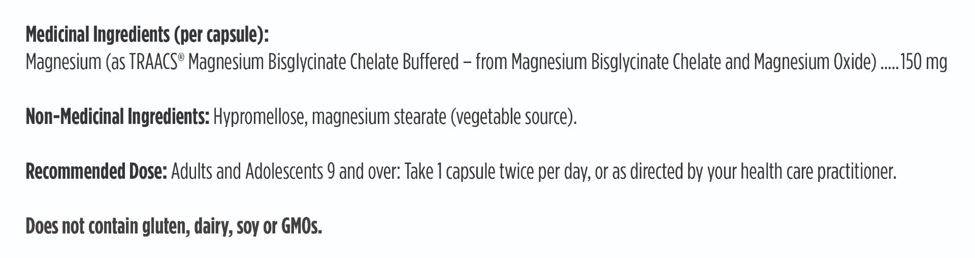 List of medical ingredients, non-medical ingredients and recommended dose for Designs for Health Magnesium Glycinate Complex