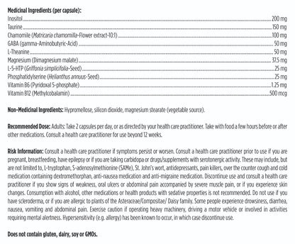 List of medical ingredients, non-medical ingredients, recommended dose and risk information for Designs for Health NeuroCalm