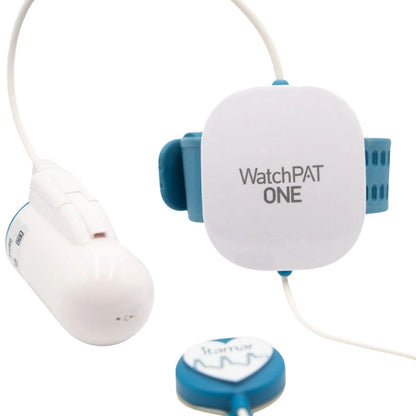 WatchPAT ONE device with oximeter, wrist and chest sensors against a white background