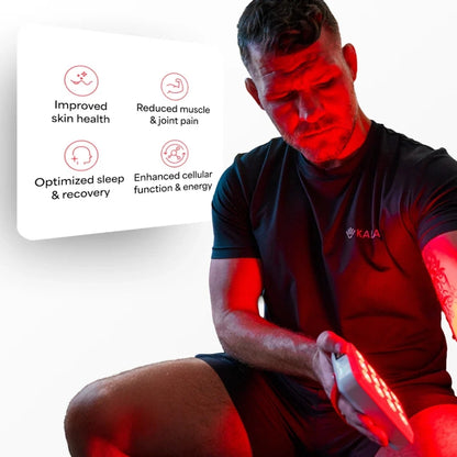 Person using the Kala Red Light Mini 2.0 device with benefits displayed on a screen