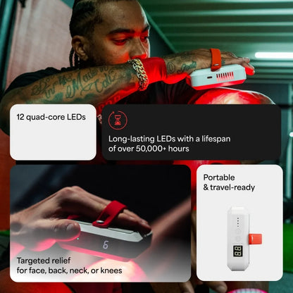 Person using a Kala Red Light Mini 2.0 device with product features highlighted