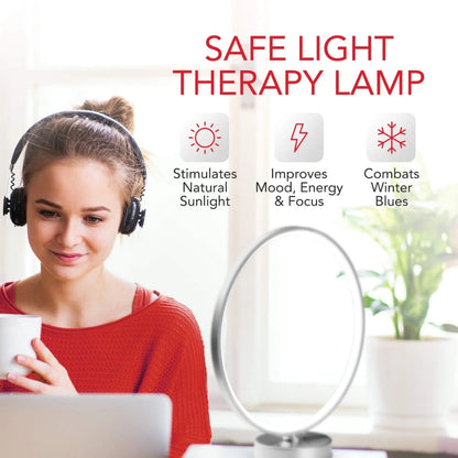 Woman using the Kala SAD Light therapy lamp with text highlighting its benefits