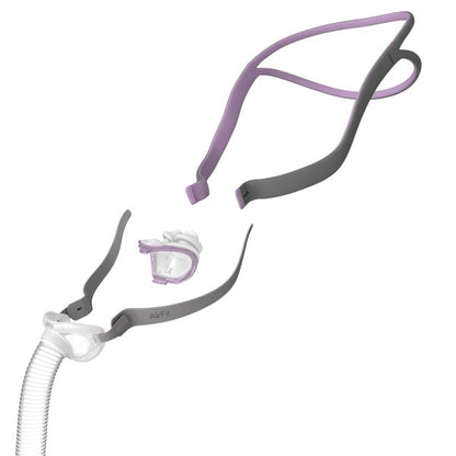 Individual components of the ResMed AirFit P10 for Her nasal pillow CPAP mask