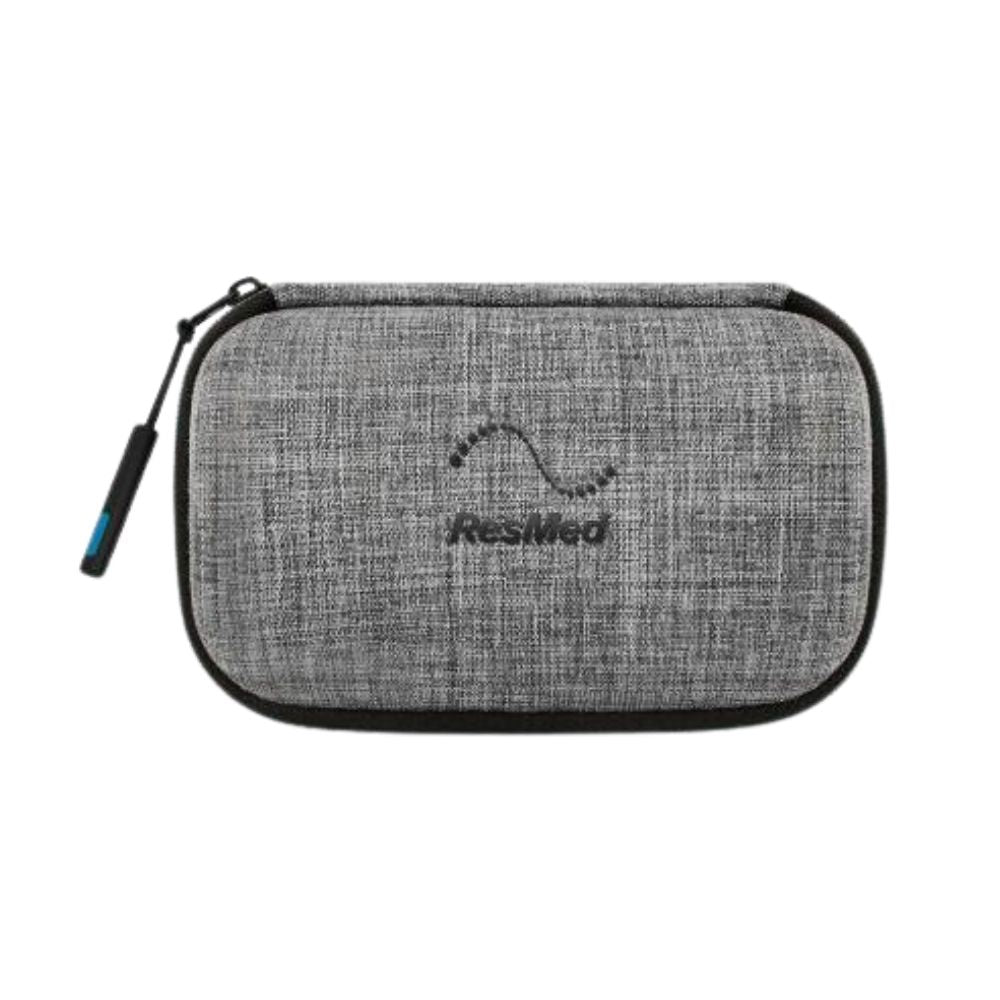 Grey textured carrying case with ResMed logo on a white background
