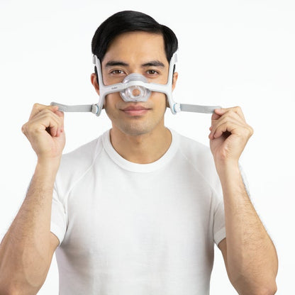 Person adjusting the straps on the ResMed AirTouch N20 Nasal CPAP Mask