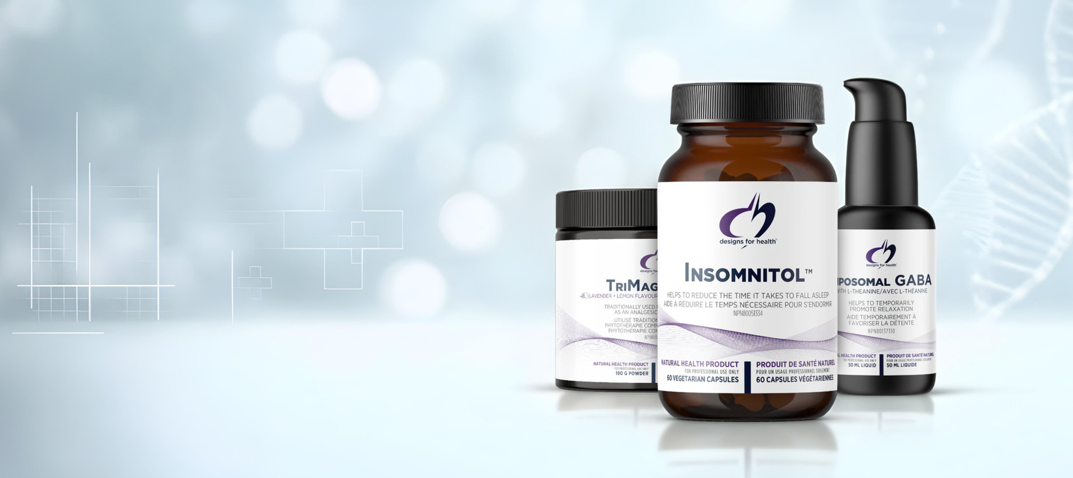Three bottles of sleep supplements on a blurred background