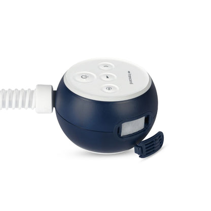 Side view of the blue Transcend Micro 510 CPAP device with the filter door open