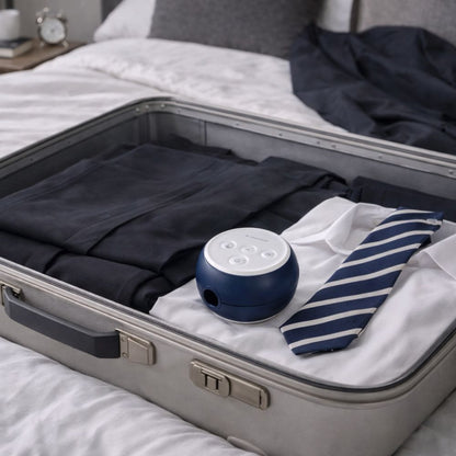Small blue Transcend Micro 510 CPAP device in an open suitcase with clothes on a bed