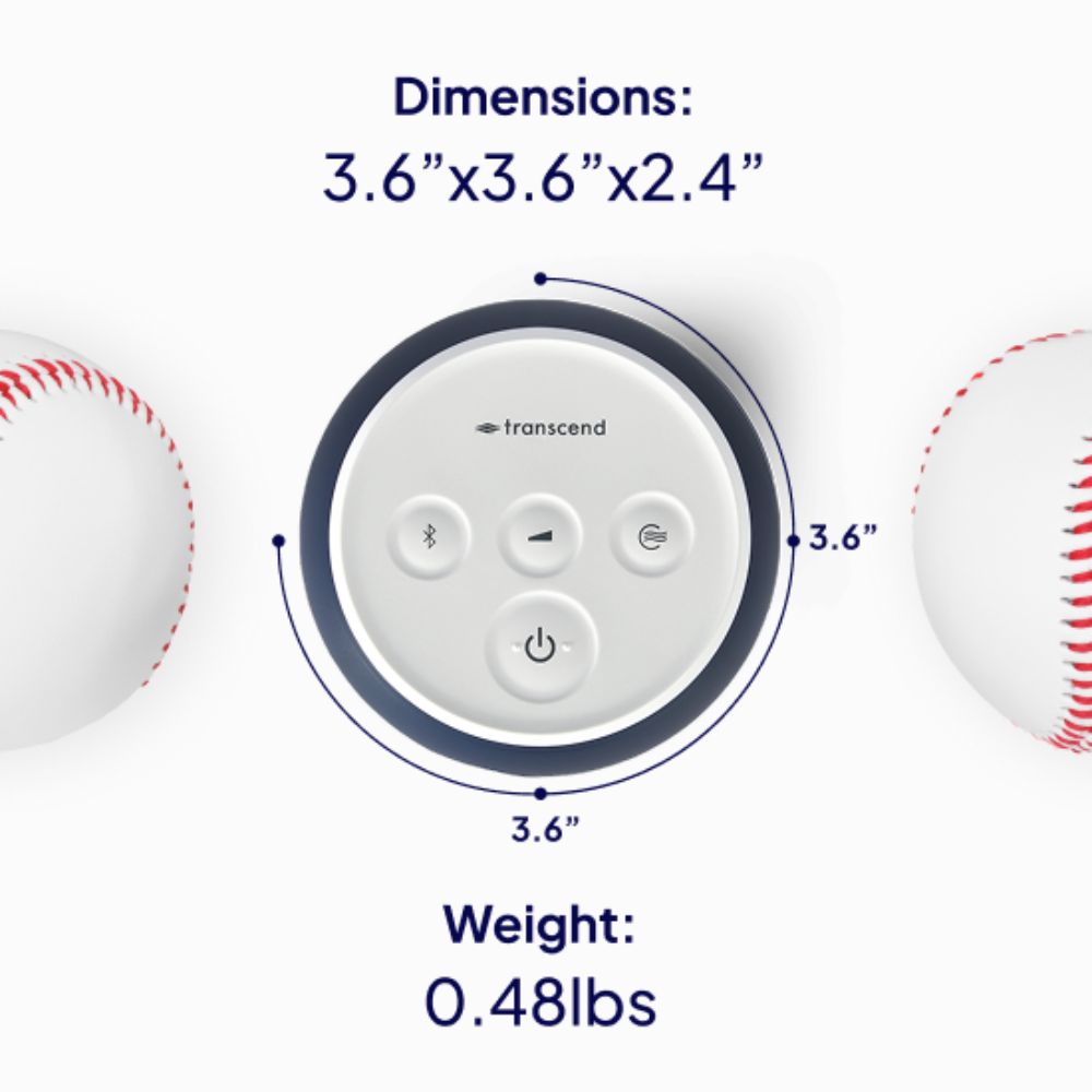 Transcend Micro 510 CPAP machine with dimensions and weight displayed, surrounded by baseballs for scale