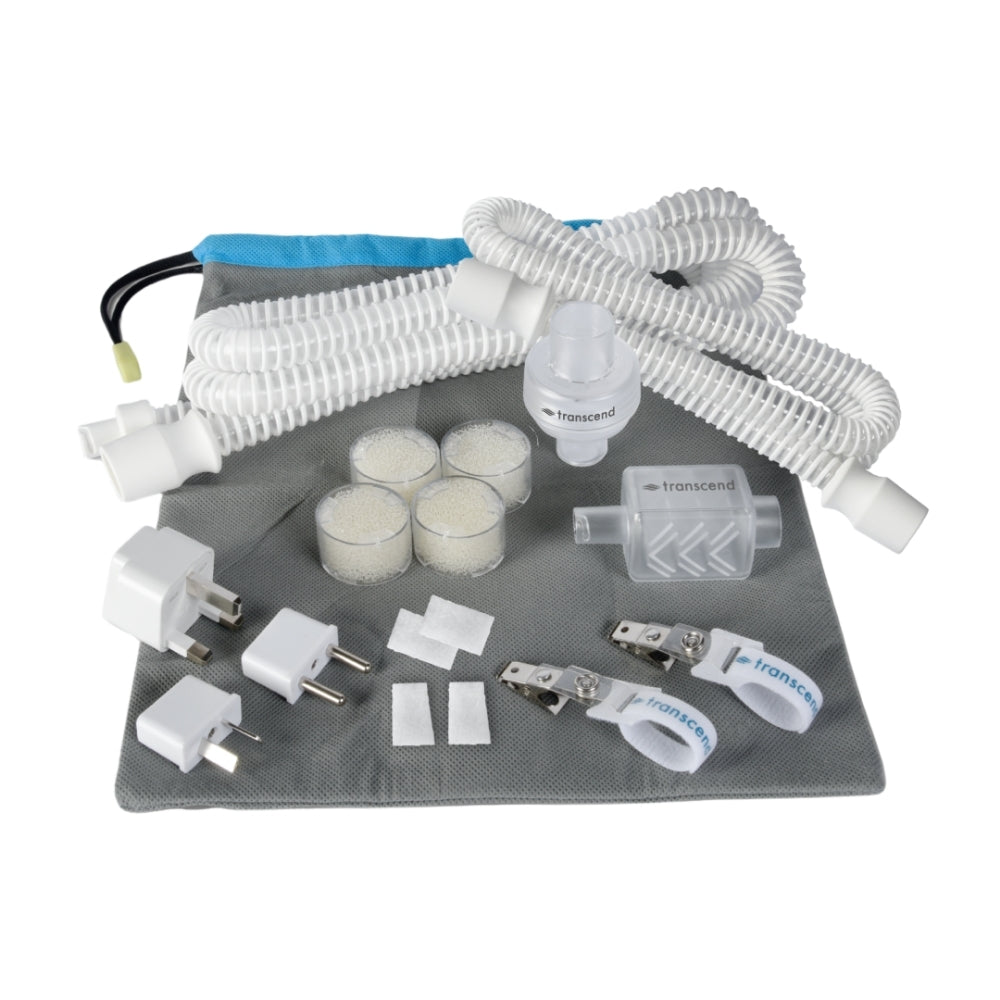 Individual components within the Transcend Micro 510 Essential Pack including tubes, AirMist HME, plug adapters, CPAP filters and more