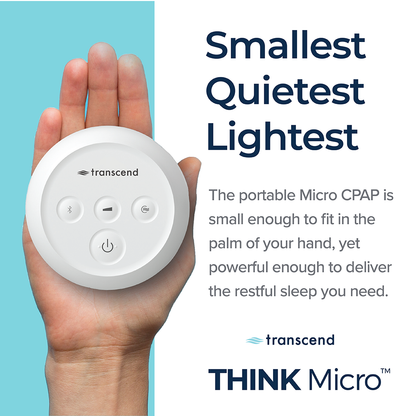 Transcend Micro CPAP device held in a hand with promotional text on a blue and white background