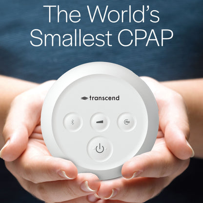 Transcend Micro CPAP device cradled in hands with caption "The World's Smallest CPAP"